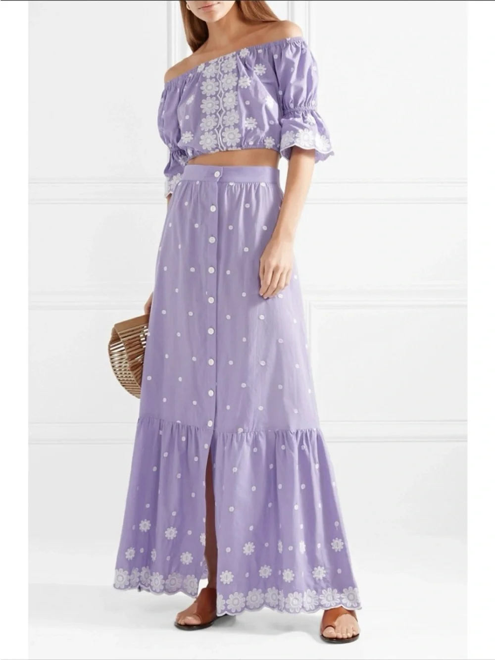 Miguelina Aiden Button Down Embroidered Cotton-voile Maxi Skirt Lilac Size XS